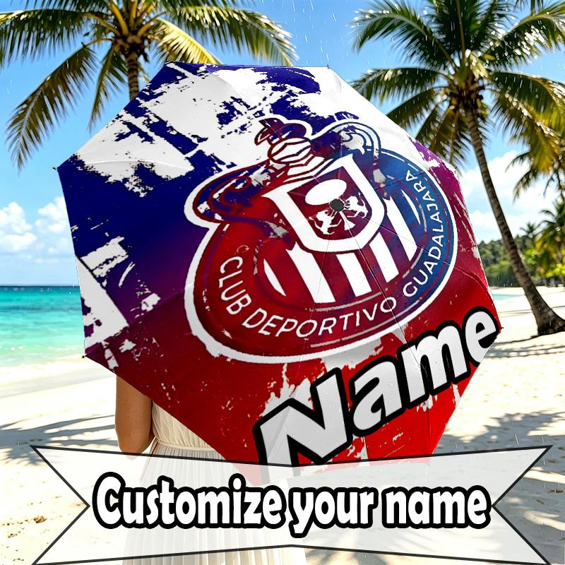 Custom Name Personalized Club Deportivo Guadalajara Print Umbrella, Auto Open Close, 8‑Rib Sturdy Frame, Commute Camping Hiking Use, Birthday Gift