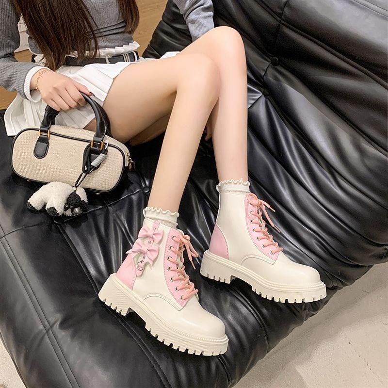High Platform Round Toe With Laces Chunky Female Short Shoes Spring Autumn Bow Women'S Ankle Boots Y2K Trend Sale Booties