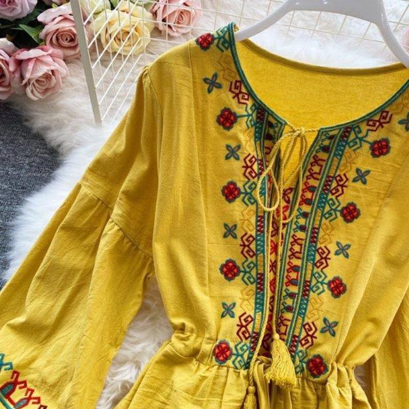 National Style Elegant Beach Vacation Dress Women Embroidery Flower Print Vintage Party Midi Dresses Female Loose Retro Design Casual Clothes