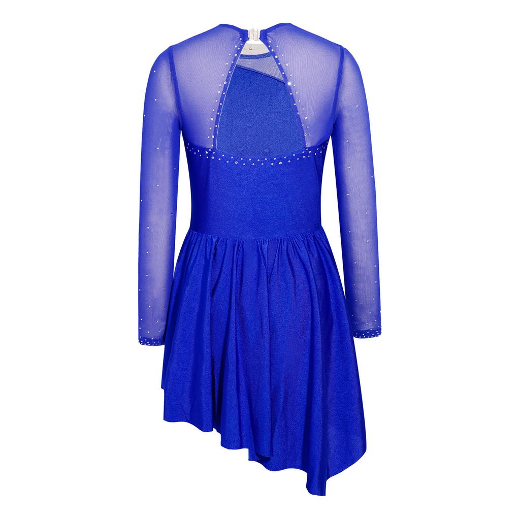 Long Sleeve Cutout Back Asymmetrical Hem Mesh Patchwork Dress with Rhinestones for Girls Figure Skating Competition Stage Show
