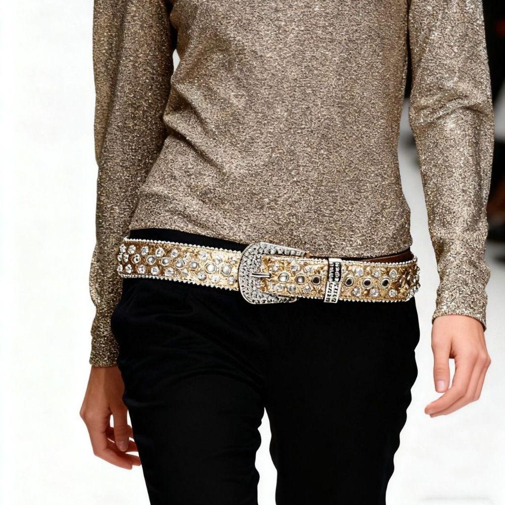 Y2K Rhinestone Belts PU Leather Women Waistband Unique Rivet Belt Men