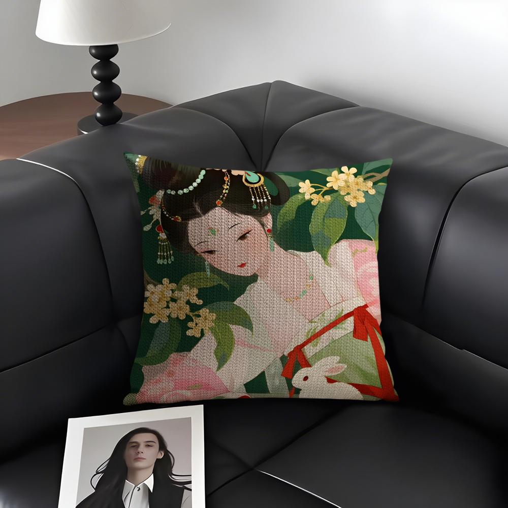 Chinese Ancient Style Beauty Cushion Cover Natural Linen Organic Fabric DoubleSided Printing Sofa Home Decor Gift Pillow Case