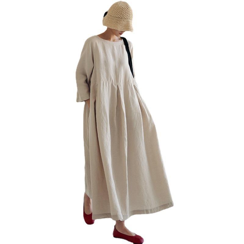 Свободный женский хлопковый льняной пуловер больших размеров с круглым вырезом, однотонное платье длиной до колена, большое свободное платье