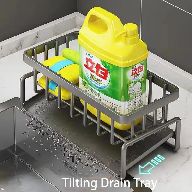 Over-sink dish rack organizer, rustproof steel sponge holder with soap dispenser and sponge shelf, no-drill clamp mount design