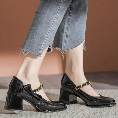 Модные французские туфли Мэри Джейн на высоком каблуке для женщин, свадебные туфли с платьем, с бантом, на толстом каблуке, высококачественные туфли-лодочки