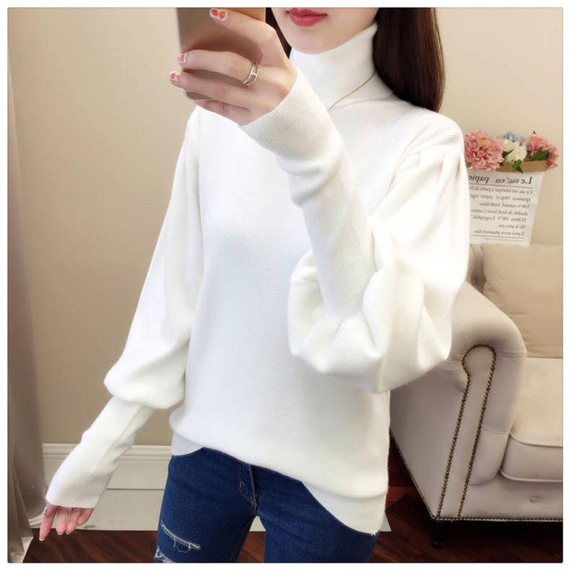 Женский пуловер с высоким воротником, свитер, теплый зимний свободный вязаный джемпер с рукавами-фонариками больших размеров