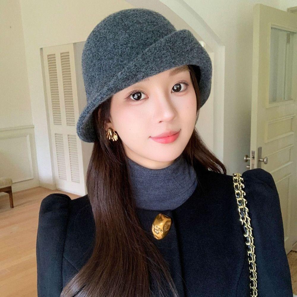 Pearl Wool Blend Fedoras Hat Curled Brim Women Formal Hat British Style Wool Fisherman Hat Outdoor
