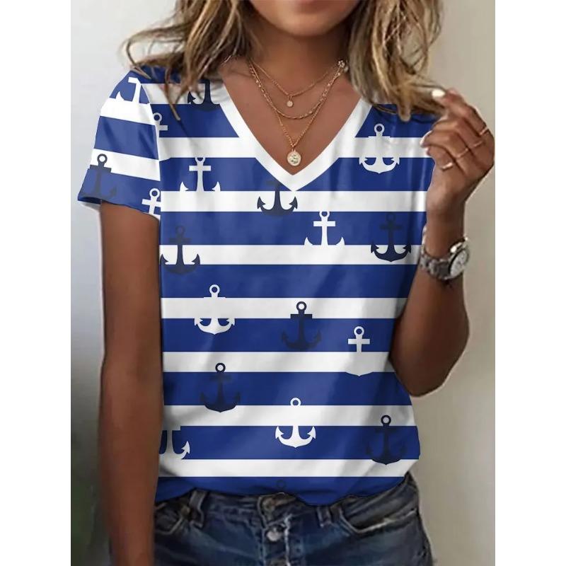 Полосатая графическая 3D футболка женская летняя с V-образным вырезом и коротким рукавом, праздничная повседневная футболка, женская уличная одежда, футболка оверсайз