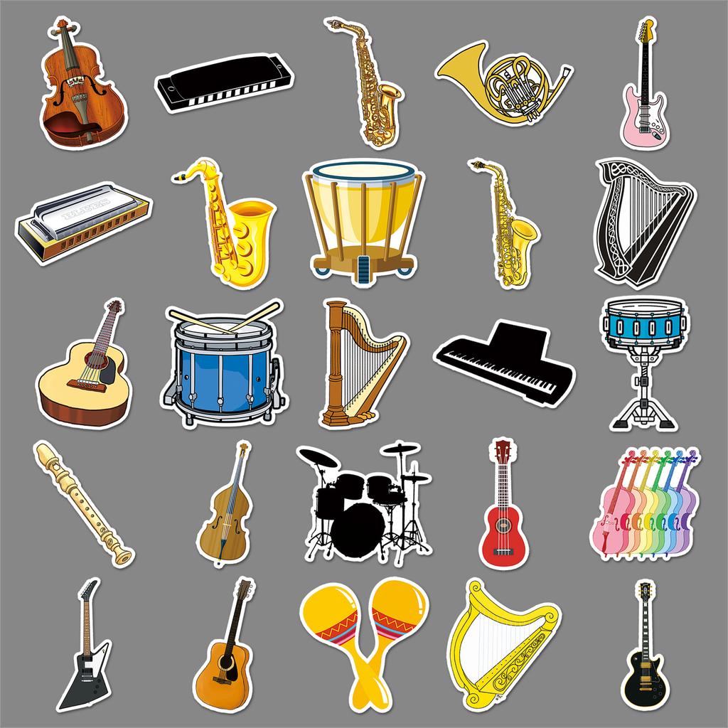 50 Musical Instruments Doodle Cartoon Violin Piano Gauze DIY Skateboard Mobile Suitcase Stickers Waterproof