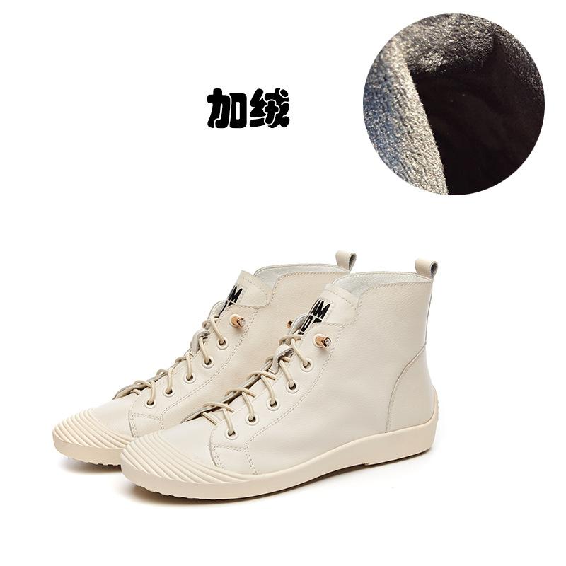 Red High-top Short Boots Women's Leather Autumn and Winter New Single-sided Flat-bottomed Shell-head Single Shoes Casual Four-season White Shoes Tide