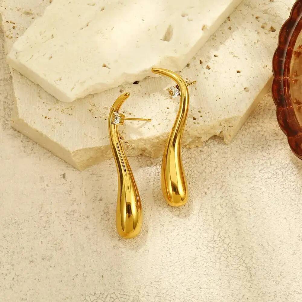 SHIXIN Classic 18K Gold Color Plated Stainless Steel Ear Clip Women Luxury Droplet Shaped Zircon Earring Waterproof Jewelry Gift