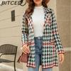 BITCED Autumn/Winter Long-Line Sweater: Colour-Blocked Houndstooth Knit Cardigan with Elegant Commuter Style Tailored Blazer with Suit Collar