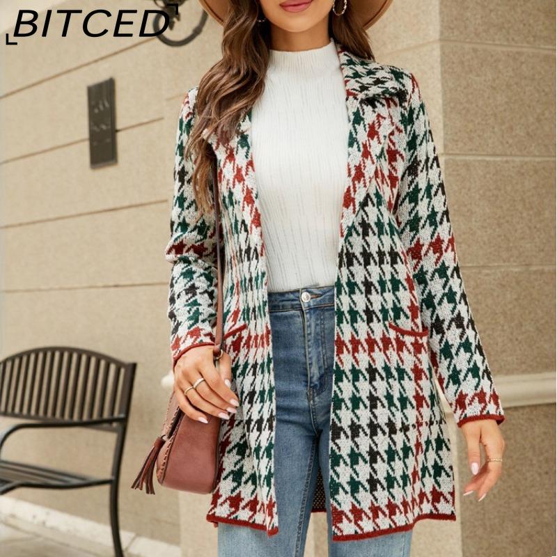 BITCED Autumn/Winter Long-Line Sweater: Colour-Blocked Houndstooth Knit Cardigan with Elegant Commuter Style Tailored Blazer with Suit Collar
