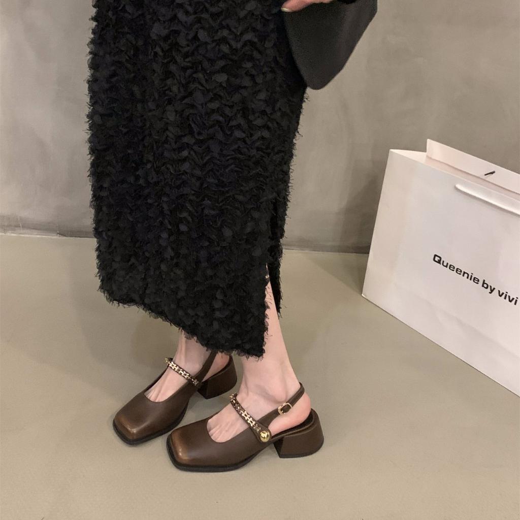 Французские черные босоножки-мешки на высоком каблуке, женская обувь 2024 года, новые весенне-летние туфли Мэри Джейн на толстом каблуке, вечерние туфли