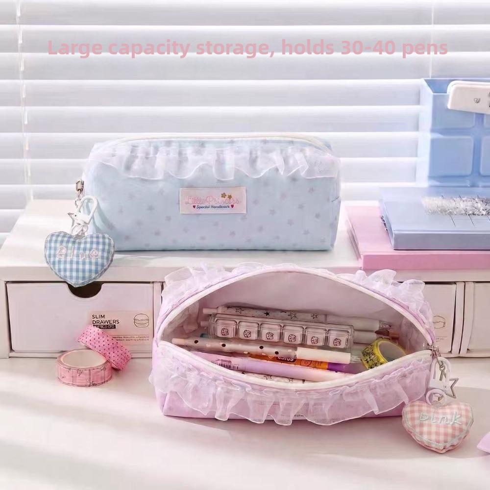 Ruffle Lace Design Pen Bag Large Capacity Stationery Organizer Makeup Storage Pouch Student Use