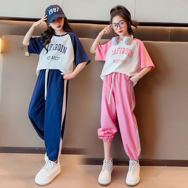 Летний повседневный комплект для девочек-подростков, детская модная футболка с буквенным принтом + брюки, спортивная одежда из 2 предметов, детская одежда