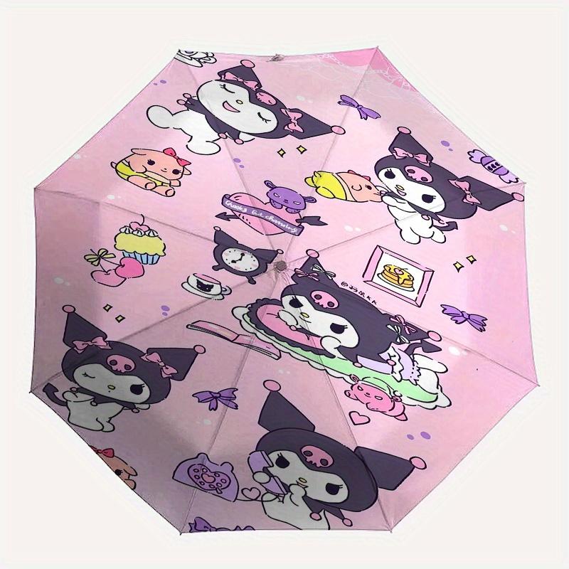 Автоматический складной зонт Kuromi - Простая конструкция с 8 спицами, Яркий мультяшный узор, Прочный железный каркас, Подходит для путешествий, улицы, пляжа - Милый
