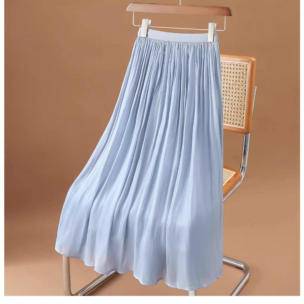 Dimanaf 2025 Summer Women New Skirts Solid Elastic Waist Pleated Mesh Elegant Skirts