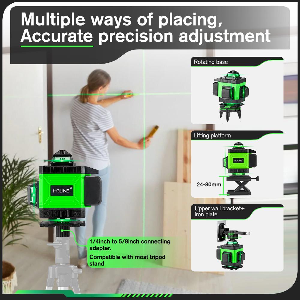 HGLINE 4D 16-линейный лазерный уровень с зеленым светом, лазерный луч, приложение для лазерного уровня, дистанционное управление, горизонтальные и вертикальные уровни, инструменты
