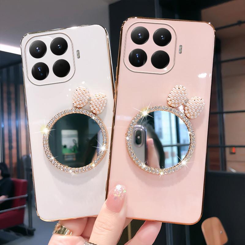 For Xiaomi 15T Pro Case Soft Plating brick inlaid pearl butterfly makeup mirror Smooth Electroplated For Xiaomi 15T Back Cover