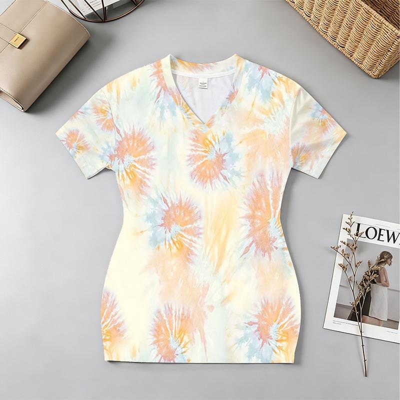Short Tie-Dye Bodycon Dress,V-Neck Short Sleeves,Soft Form-Fitting Fabric,Versatile for Beach Vacation,Night Market Casual Street Wear