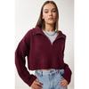 Women's Burgundy Zippered Turtleneck Knitwear Sweater Mx00124