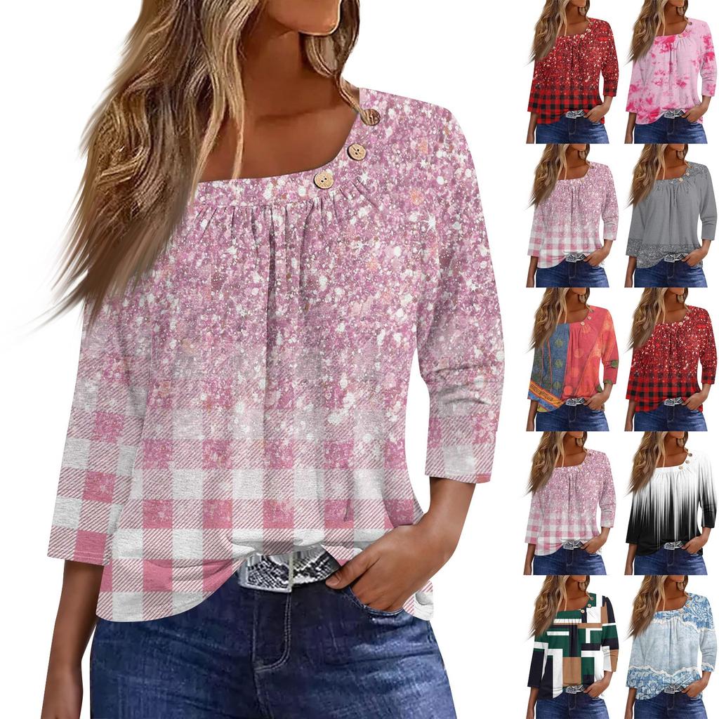 Жен. Футболка Футболка С принтом Пуговицы Рукав 3/4 Повседневные Выходные Мода Классический Классический Верх