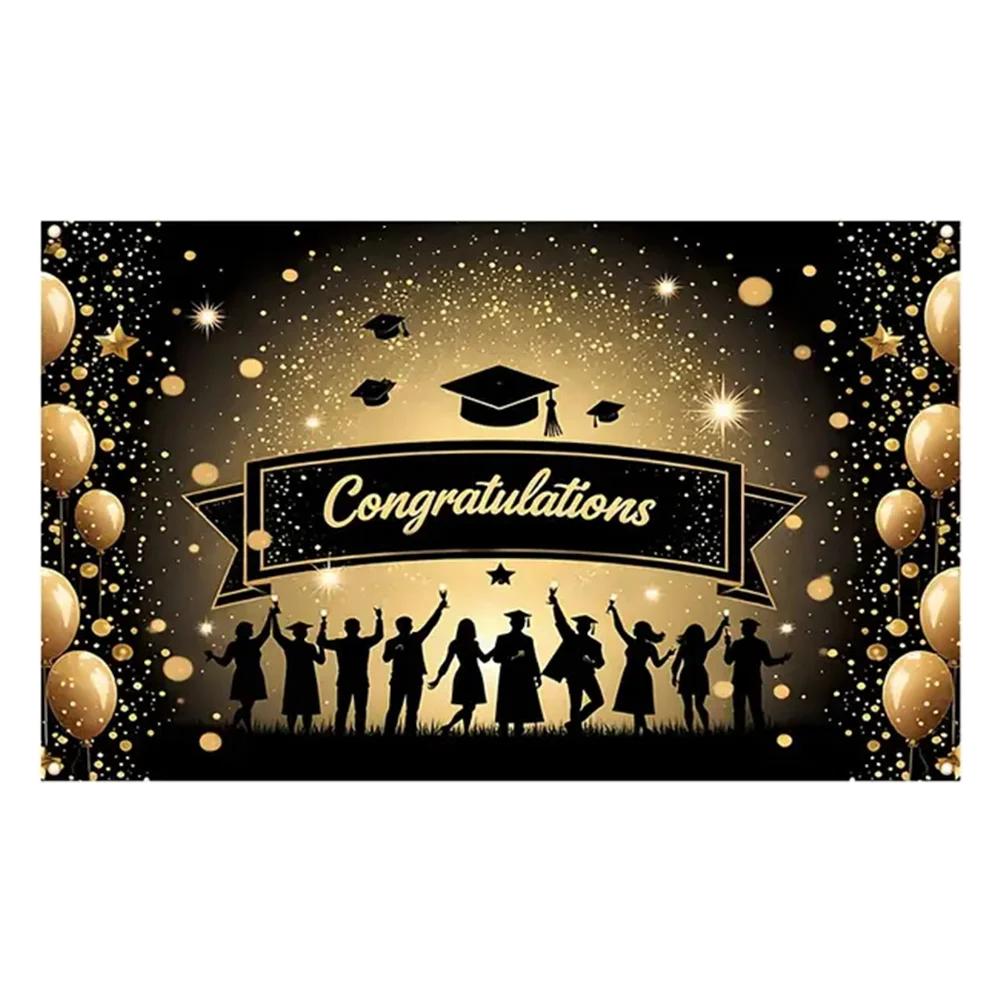 2025 Happy Graduation Backdrop Glitter Balloon Bachelor Cap Grad Class of Graduates Party Photography Background Decor Supplies