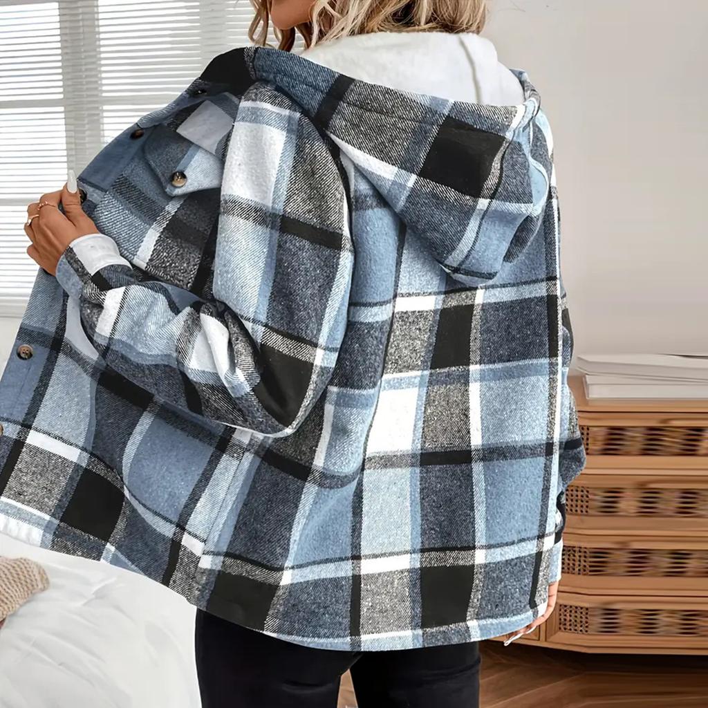 Women's Fashion Casual Loose-Fitting Long-Sleeved Plaid Print Hooded Jacket Baseball Jacket