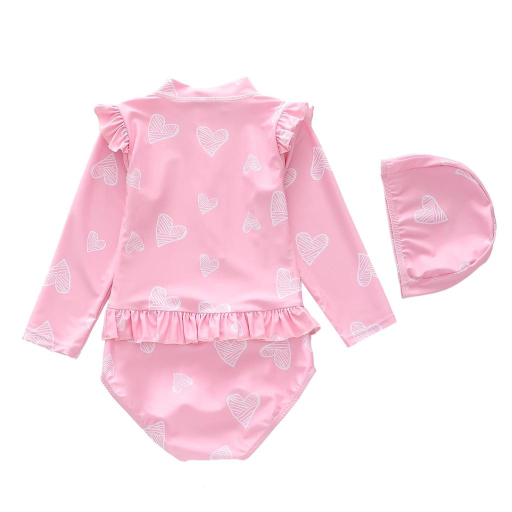 One-piece Kids Swimming Suit Long Sleeve Hat+Romper Matching Baby Girls Swimwear Seaside Clothes Casual Children Bathing Suits