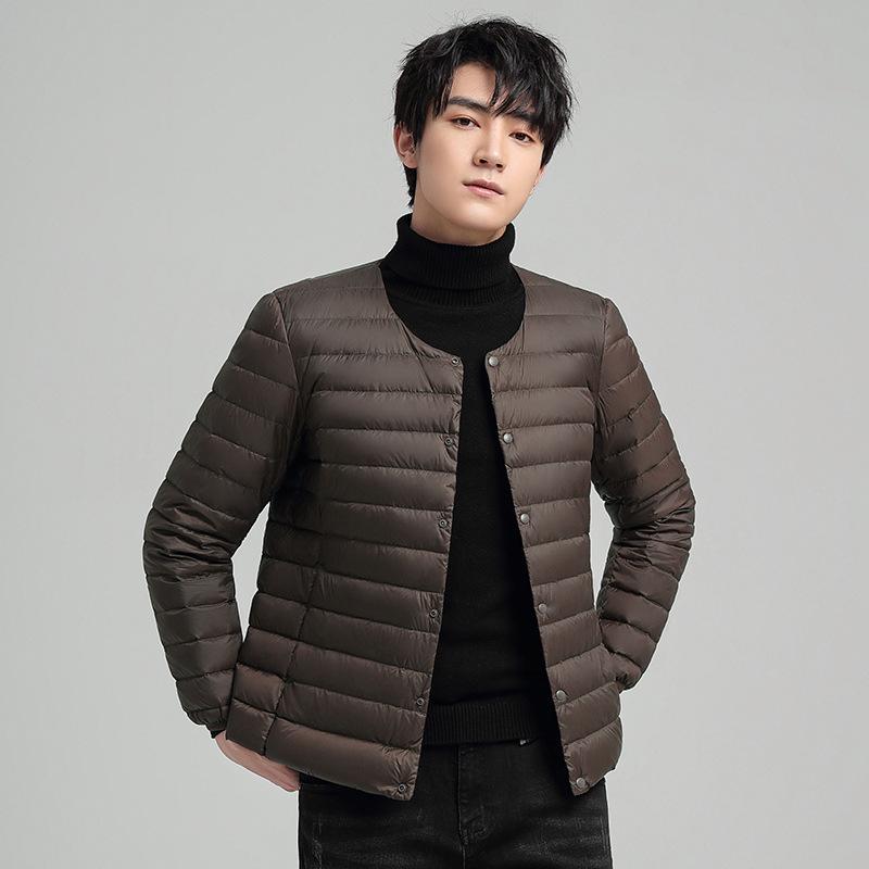 Men's Lightweight Collarless Down Jacket - Autumn/Winter, Plus Size Round Neck White Duck Coat