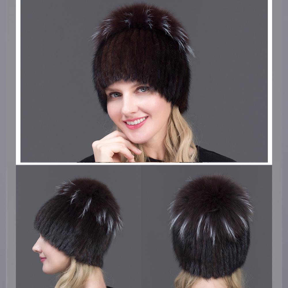 JERYAFUR Вязаная женская шапка с мехом норки пэчворк