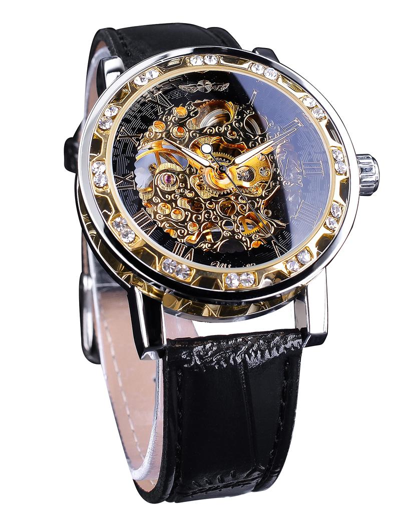 Winner Retro Manual Mechanical Skeleton Watch Diamond and Carving Flower Craft Skeleton Watch Mechanical Classic Roman Skeleton Men's Numeral, Black,