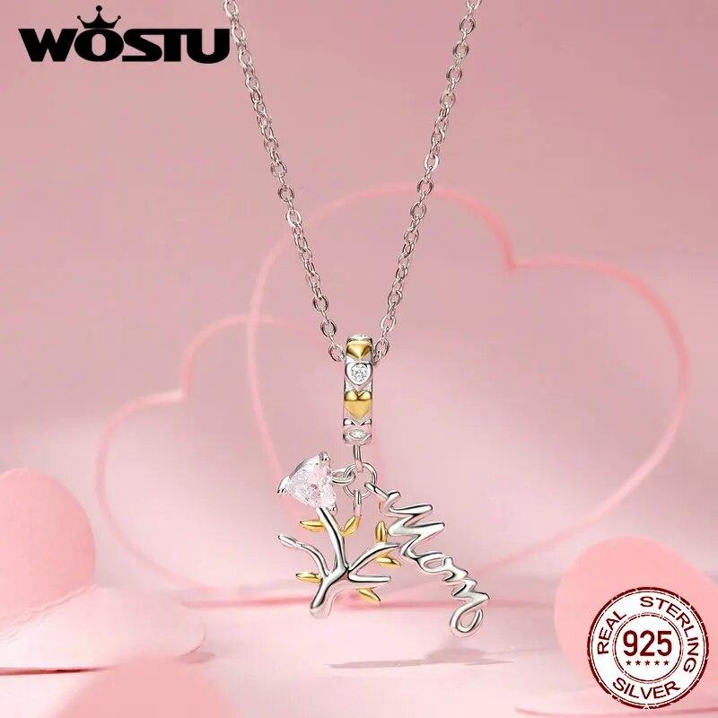 WOSTU 925 Sterling Silver Mother's Day Gold Charm Heart Wing Pendant Cross Tree Stopper Beads Fit Original Bracelet Guard Gift
