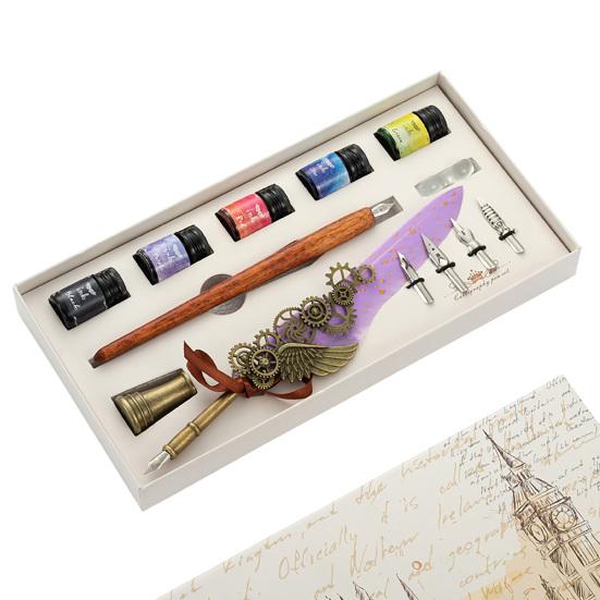 1 Set Useful Gear Decoration Exquisite Fadeless Comfortable Grip Feather Pen Kit for Office Quill