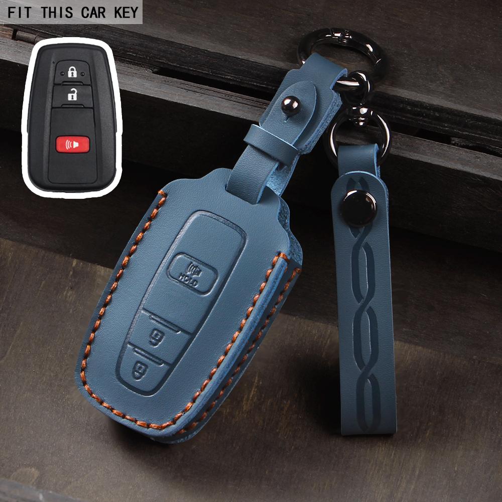 Leather Car Smart 3 Button Key Case Cover Bag Keychain for Toyota Avalon Camry RAV4 Prius CHR C-HR Corolla Land Cruiser Prado