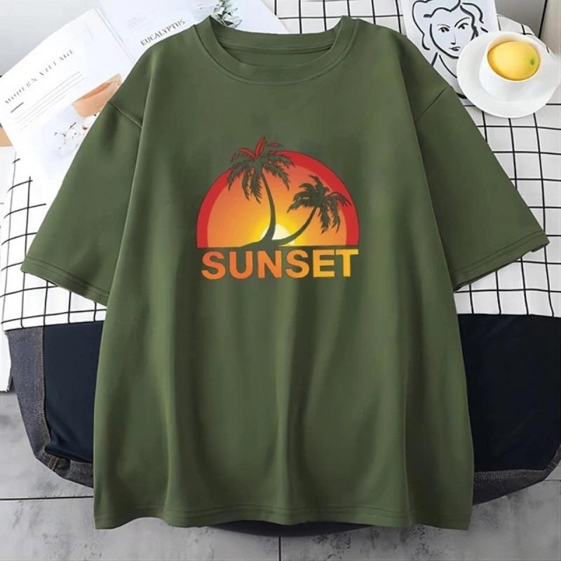 Футболка с коротким рукавом из хлопка с принтом «Летний закат» для женщин, футболки с круглым вырезом для женщин