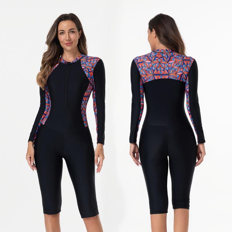 Европейский и американский купальник женский слитный с длинным рукавом гидрокостюм для серфинга новый с плоским углом бриджи до колена консервативный купальник большого размера