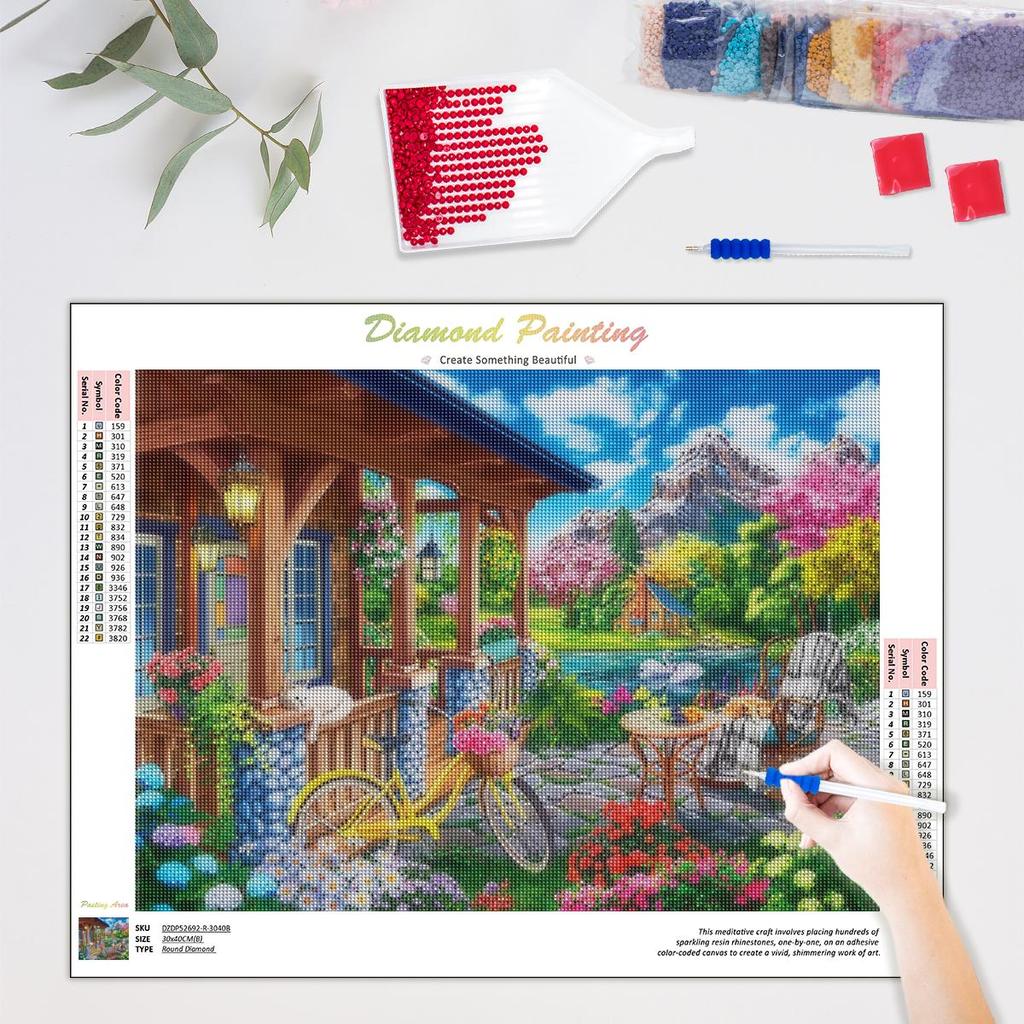 5D Diamond Painting House Garden Full Round Rhinestones Embroidery Flower Mosaic Landscape Gift Wall Decor 30x40cm/12x16inch