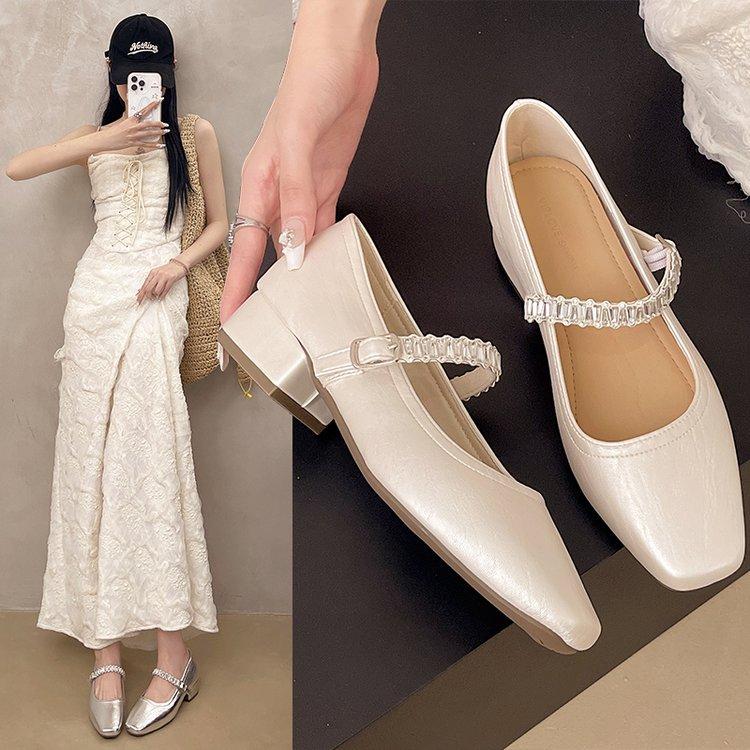 Not Tired Feet Single Shoes 2025 New Square Head Shallow Mouth Rhinestone One-word Diamond Belt Silver Low Heel Flat Mary Jane Shoes