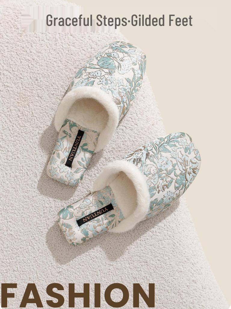 Женские флисовые тапочки с цветочным жаккардовым узором в китайском стиле, нескользящие, теплые, хлопковые, для осени и зимы