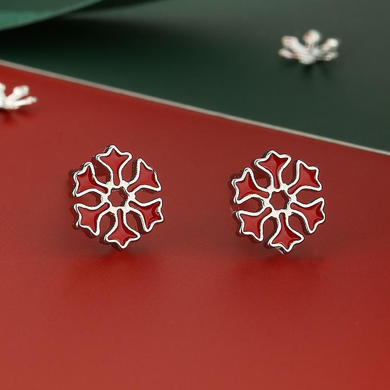 Серьги-гвоздики из стерлингового серебра S925 с оленями и снежинками, красные - Рождественская серия для женщин