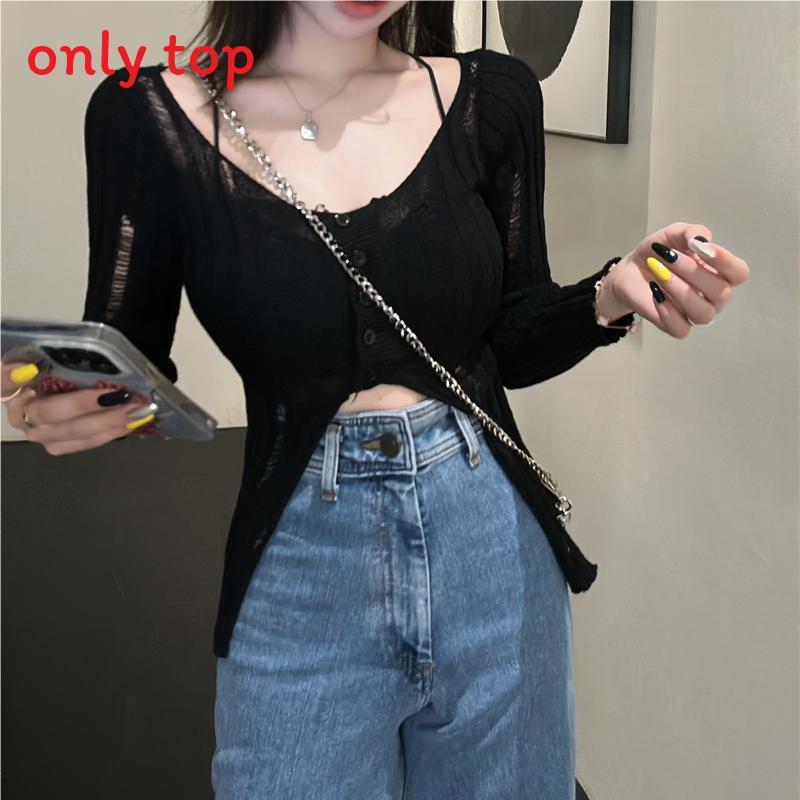 Sheer Knit Sweater With Hollow Out Pattern For Autumn Casual Wear