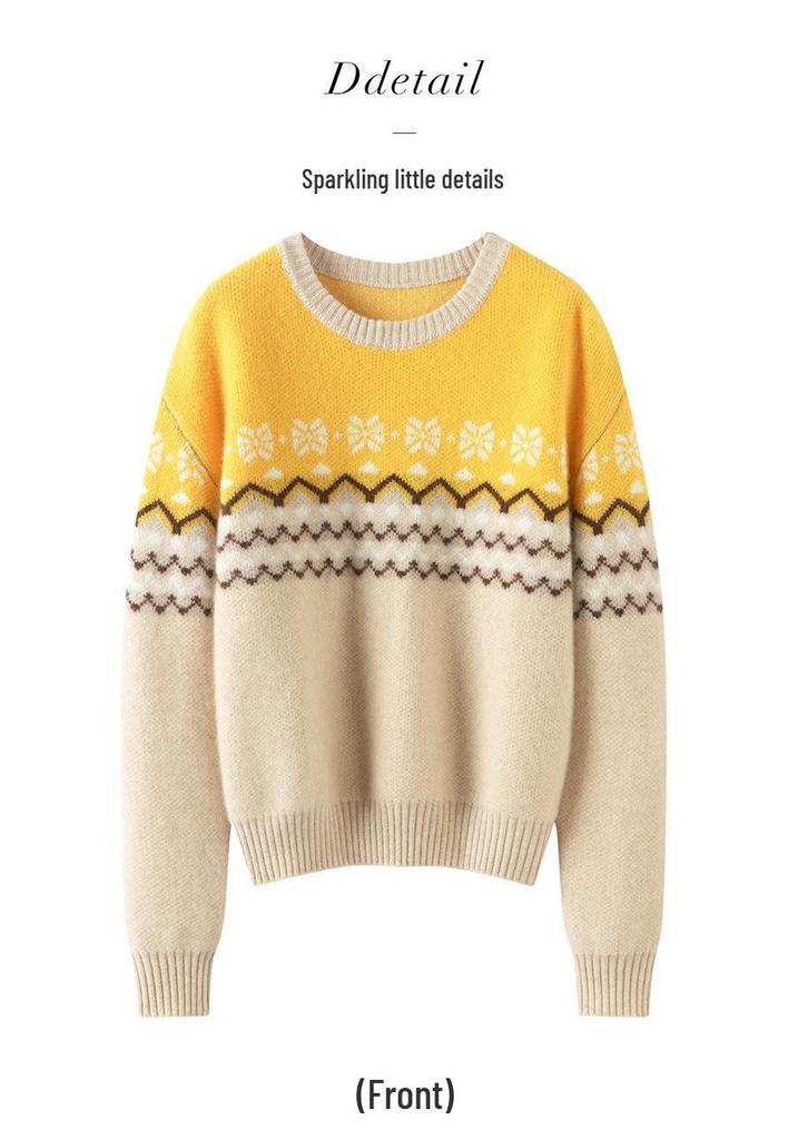 Women's Simple Fair Isle Snowflake Cashmere Sweater - Autumn/Winter Knitwear Pullover