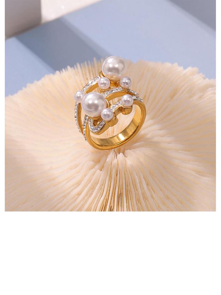 Элегантное кольцо в корейском стиле с жемчугом и бриллиантами - титановая сталь с покрытием из 18-каратного золота
