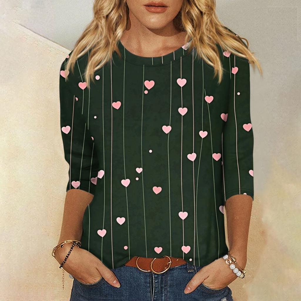 Women's Fashion Casual Round Neck 3/4 Sleeve Loose Valentine's Day Printed T-Shirt Ladies Top