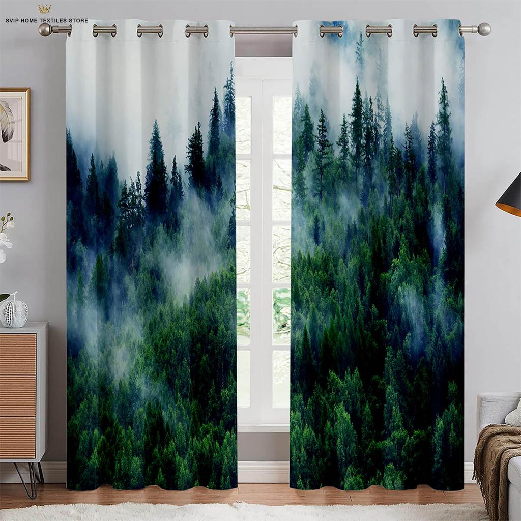 Autumn Forest Scenery Curtains, 3D Printed Curtains, Pastoral Style, Polyester Fiber, Bedroom, Living Room Decoration, 2 Pcs