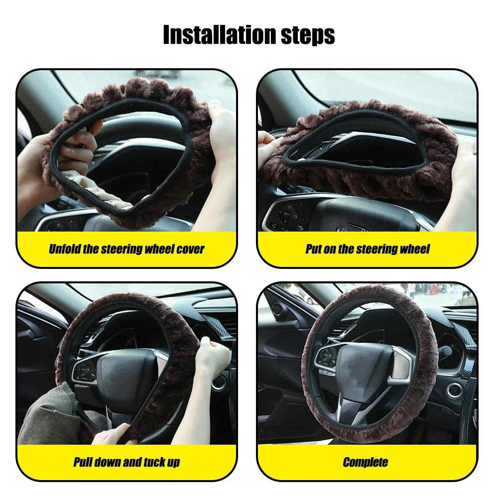 Car Steering Wheel Cover Gearshift Handbrake Cover Protector Decoration Winters Warm Thick Plush Collar Soft Non Slip Women Man