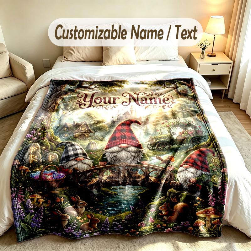 Gnome Theme Custom Blanket Personalized Name & Text Customized Soft Warm Throw Blanket Home Decor