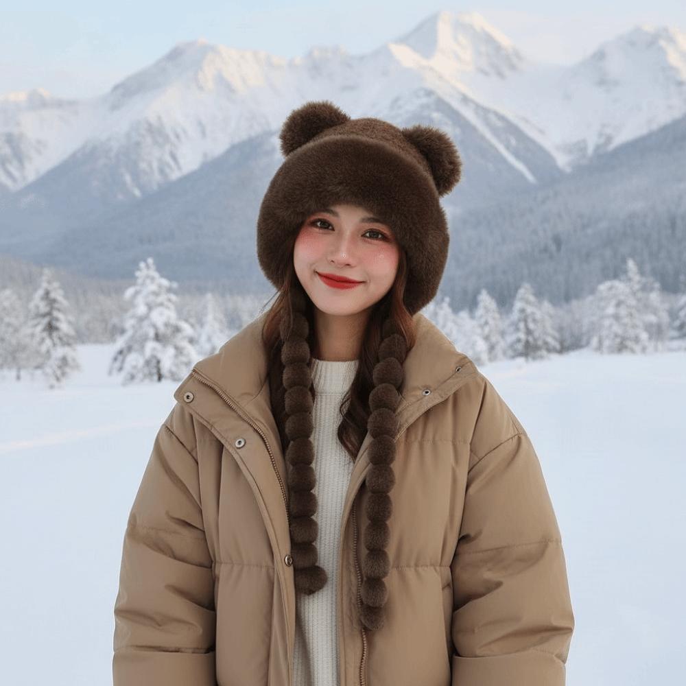 Fleece Lined Fleece Knit Beanie Fur Brim Earflap Winter Cap Pompom Braids Hat Skiing